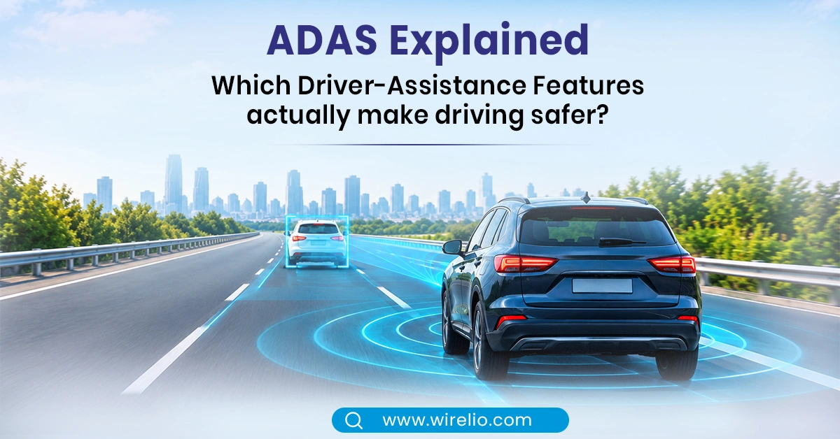 Infographic highlighting key ADAS features including Automatic Emergency Braking, Lane Keep Assist, and Adaptive Cruise Control in a modern car.