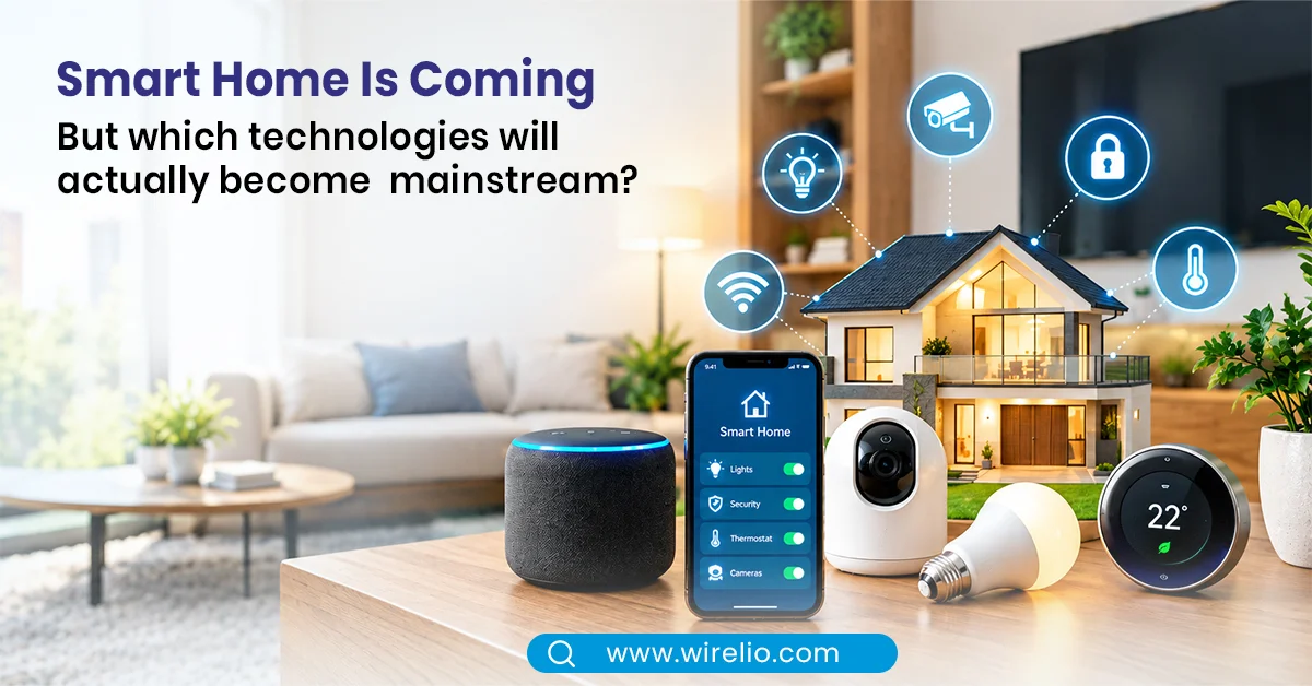 Smart home automation devices showing connected lighting, security, and smart thermostats