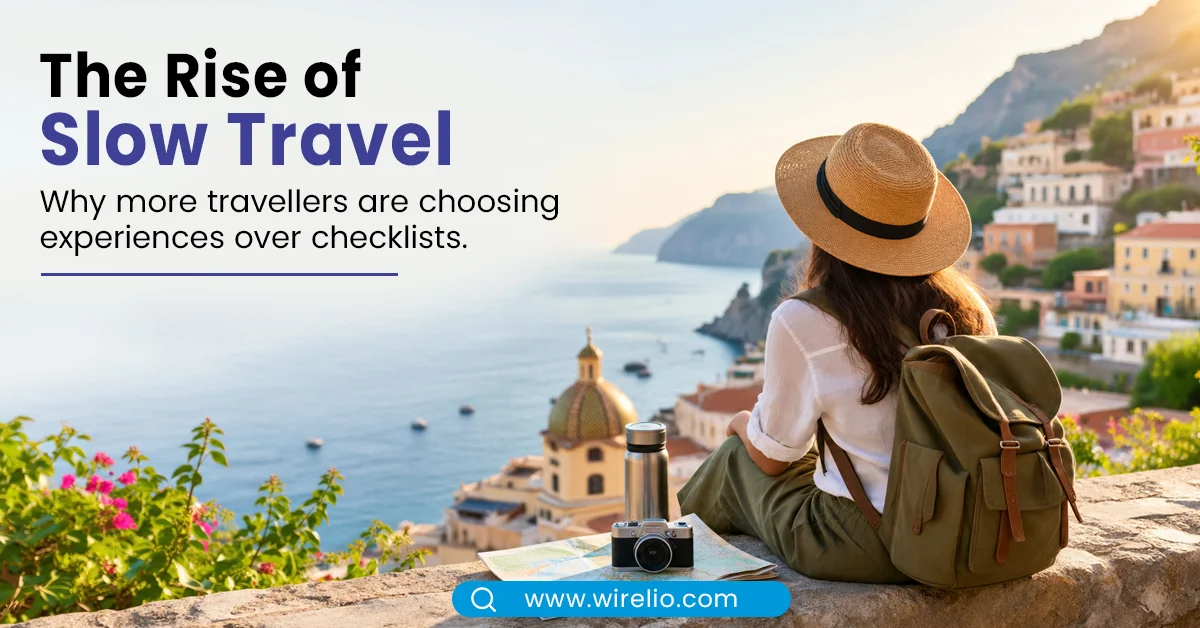 A relaxed traveller sitting at an authentic outdoor cafe, enjoying a slow travel experience without checking a smartp...