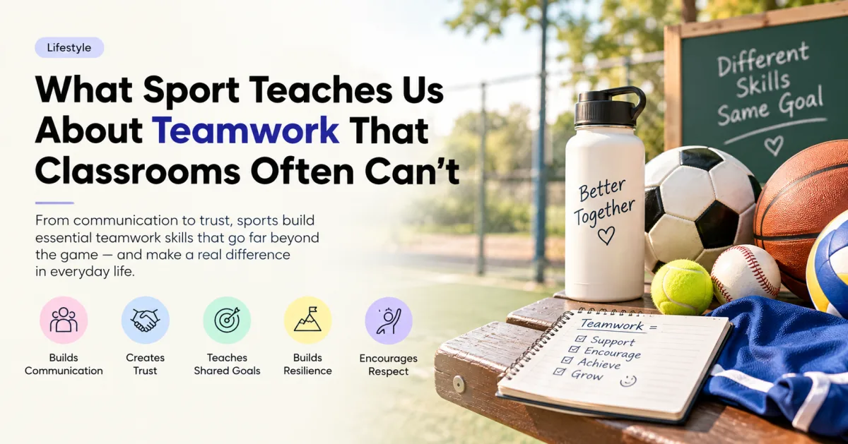 Diverse type of sports essential spread on a ground with inspirational quotes