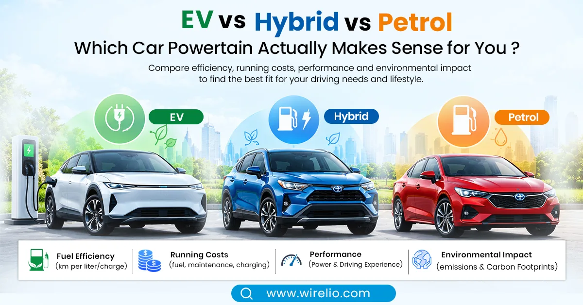 Side-by-side comparison of electric, hybrid, and petrol cars illustrating powertrain options and EV charging.