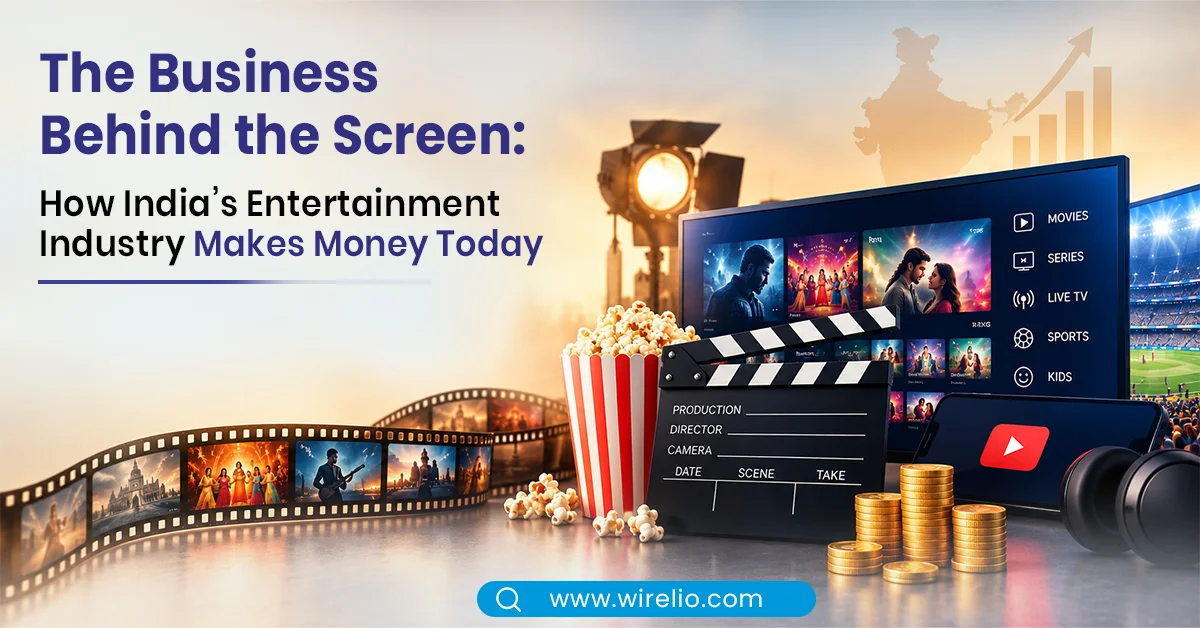Indian entertainment industry revenue models diagram showing cinema, OTT streaming, digital ads, and live events