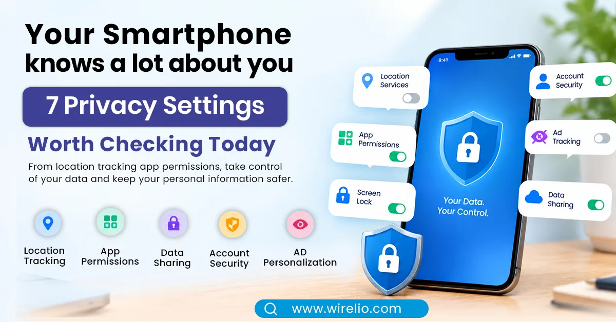 Smartphone displaying privacy and app permission settings on Android and iPhone