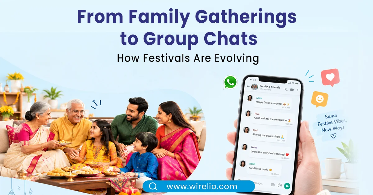 Family celebrating a traditional festival together while looking at a smartphone screen and sharing digital greetings