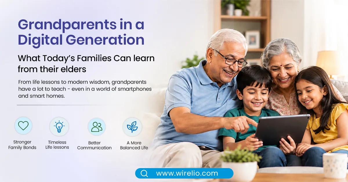 Grandparent and grandchild sharing a warm moment together using a digital tablet at home