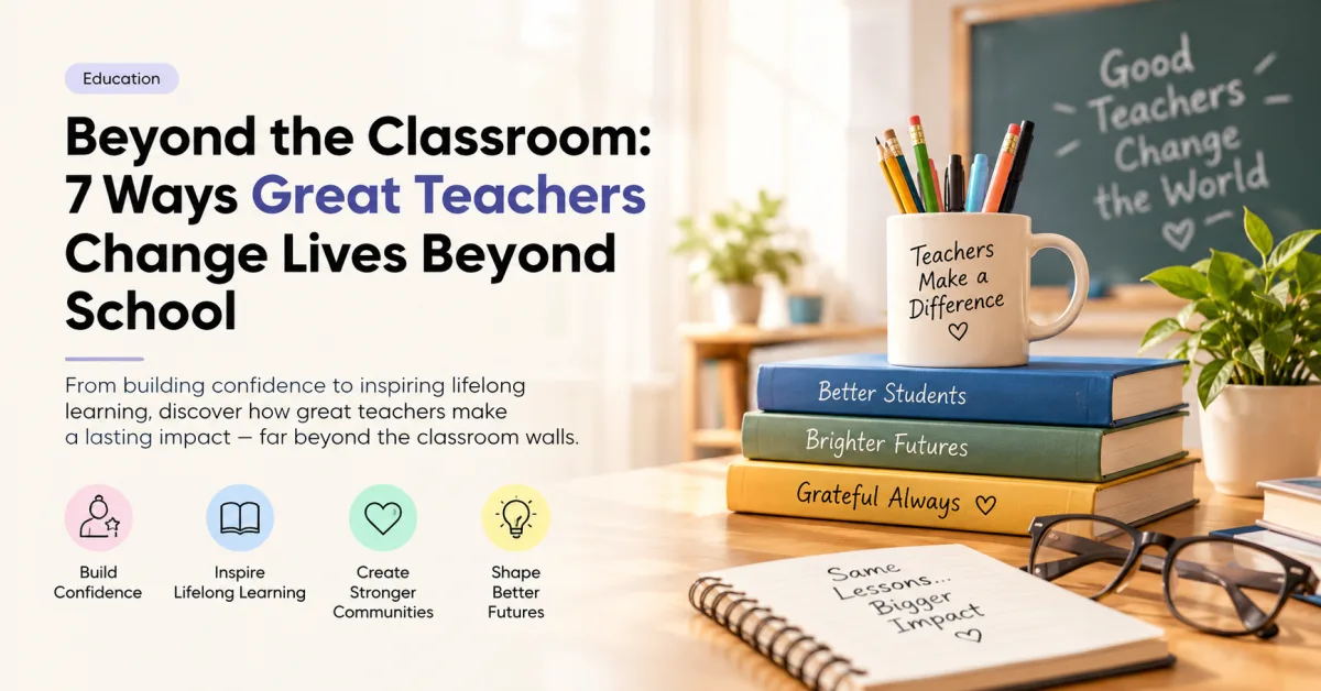 Inspirational classroom scene of a teacher mentoring students, representing the long-term impact of education on Teac...