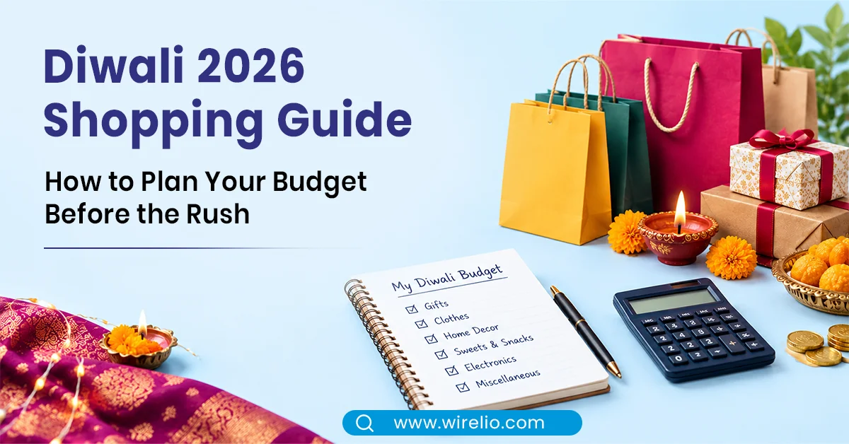 Diwali shopping bags, gifts and a budget notebook arranged with a lit diya.