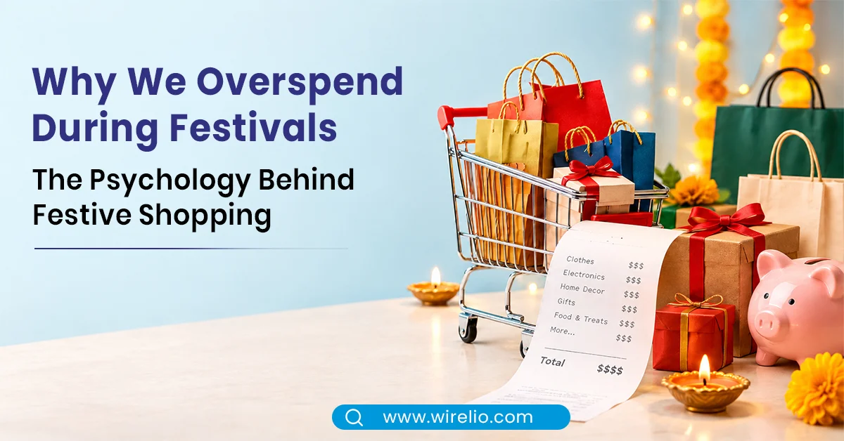 Shopper reviewing festive purchases beside gift bags and Diwali decorations